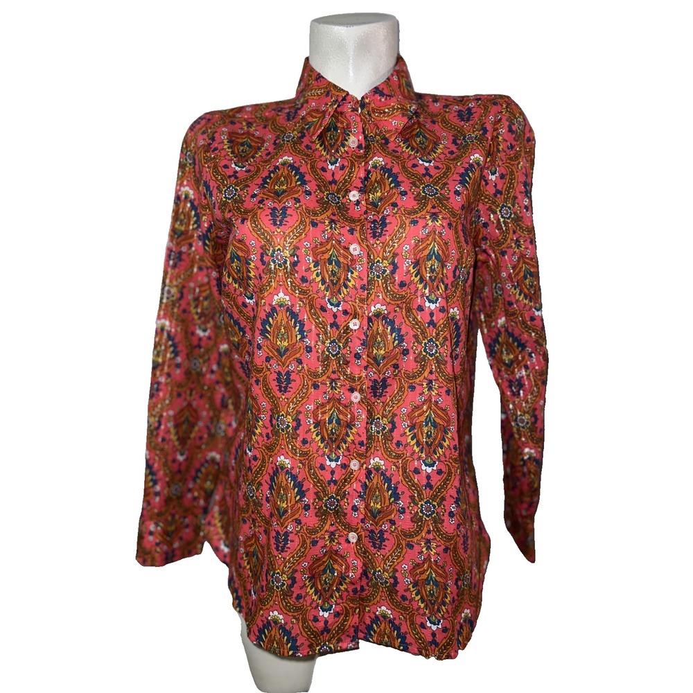 Talbots Petite Medium Pink Paisley Metallic Stripe Button Down Shirt Long Sleeve